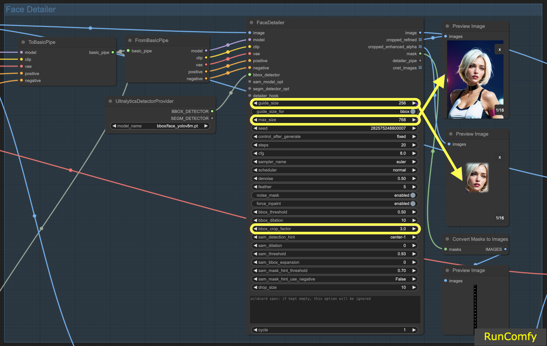 Setting Guide Size, Max Size, and BBox Crop Factor in ComfyUI's Face Detailer