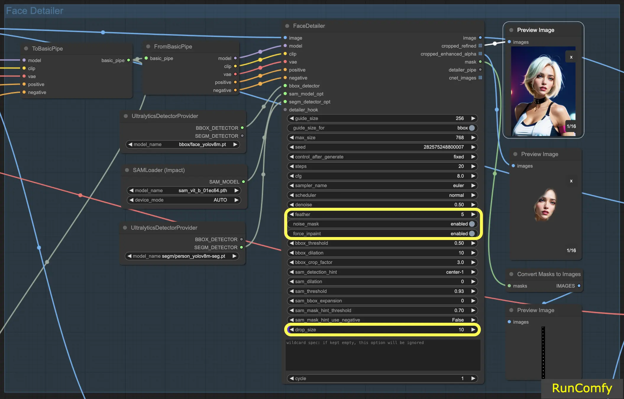 Adjusting Feather, Noise Mask, Force Inpaint, and Drop Size in ComfyUI's Face Detailer