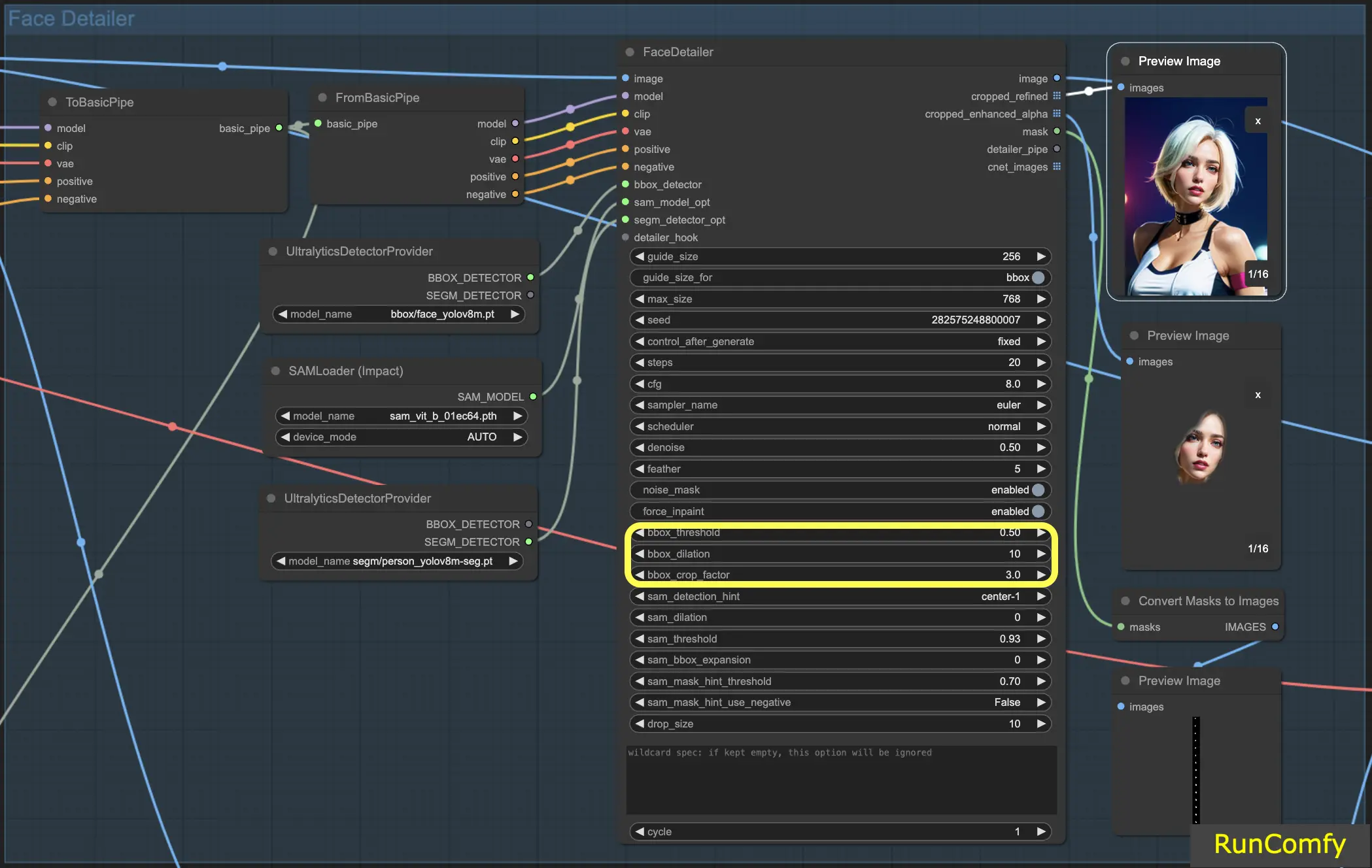 Configuring BBox Threshold, Dilation, and Crop Factor in ComfyUI's Face Detailer