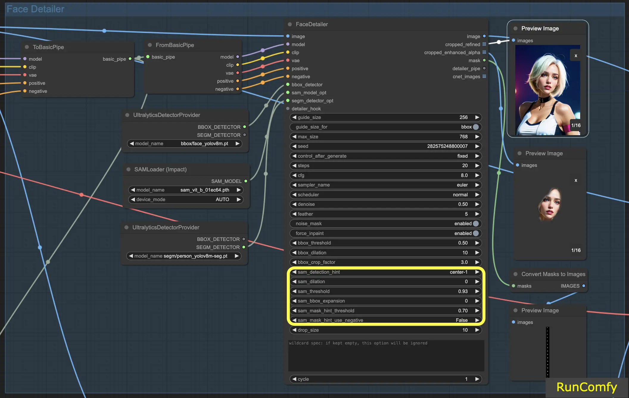 Setting Sam Detection Hint, Dilation, Threshold BBox Expansion, and Mask Hint Threshold in ComfyUI's Face Detailer