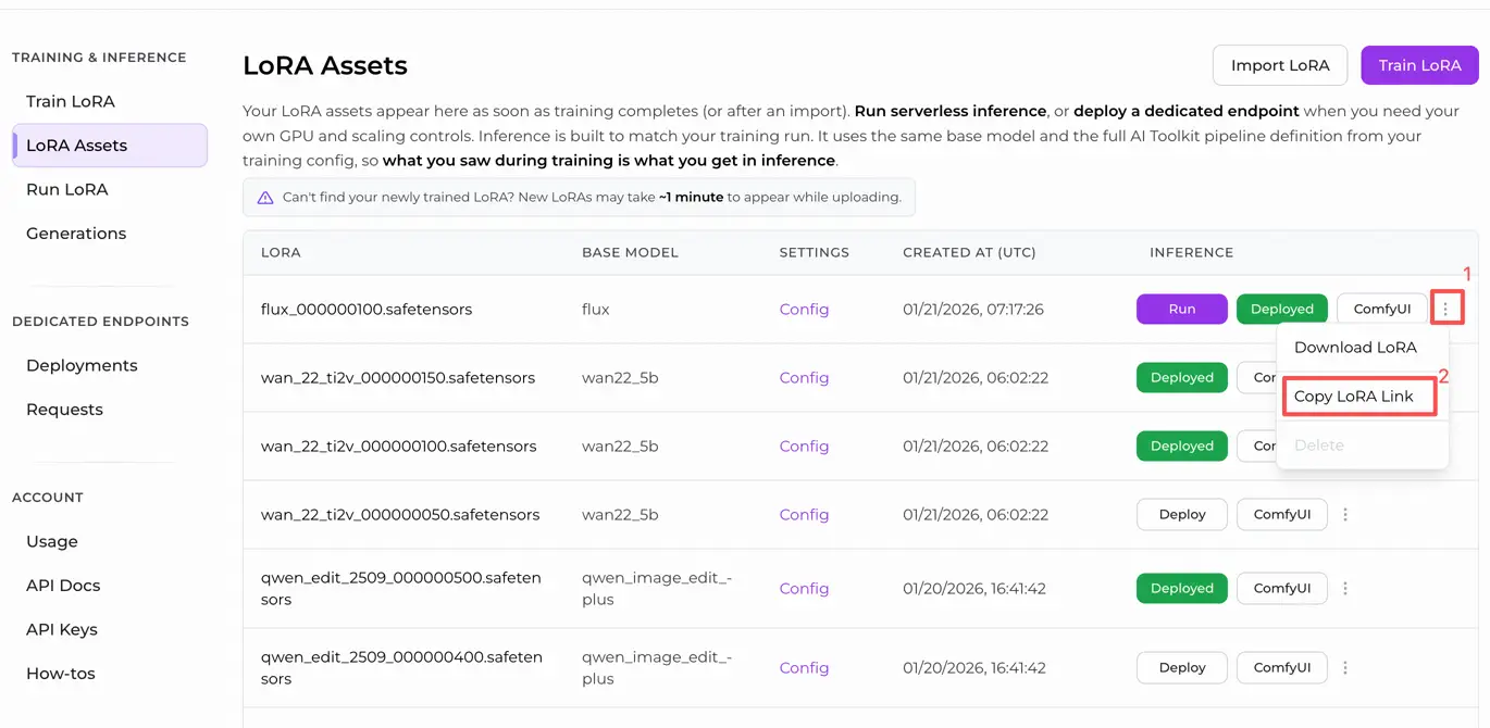FLUX.1 Dev: copy a LoRA link from the RunComfy Trainer UI