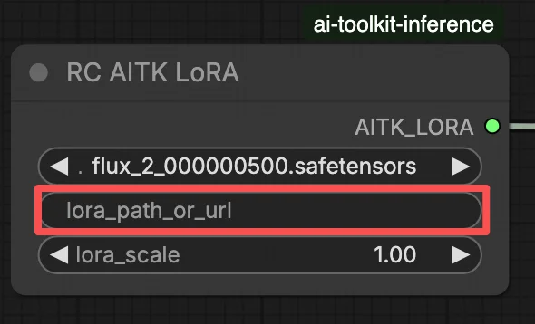 FLUX.2 Dev: paste a direct .safetensors URL into path/url on the LoRA node